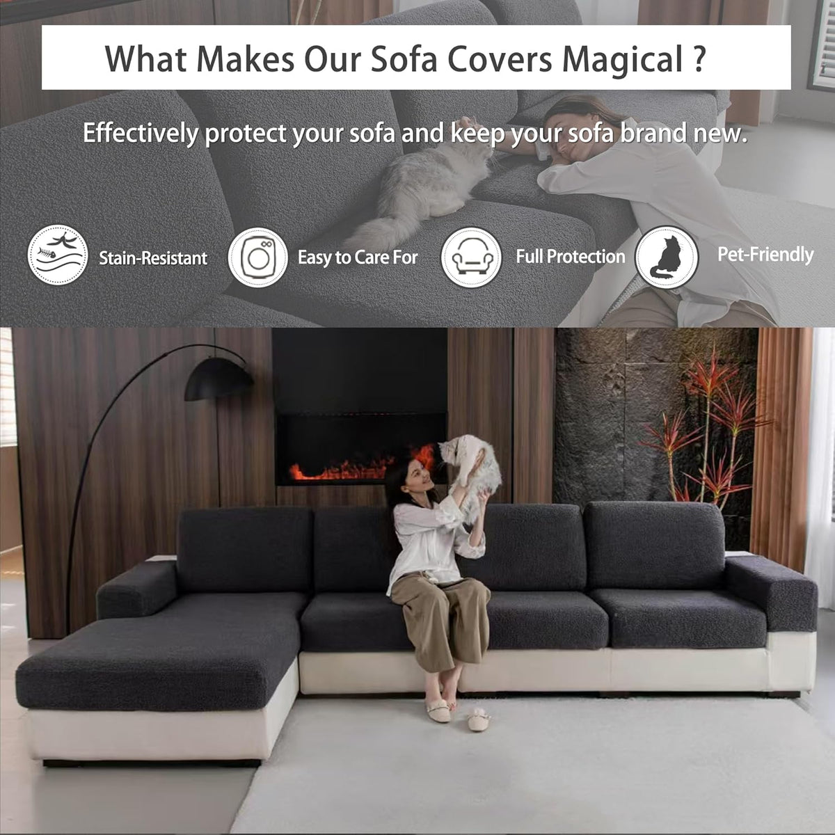 Couch Cushion Covers for Sectional Sofa, Stretch Soft Sofa Slipcovers Washable Wear-Resistant Universal Furniture Protector for Living Room(3 Seaters Covers+1 Chaise Cover, Dark Gray)