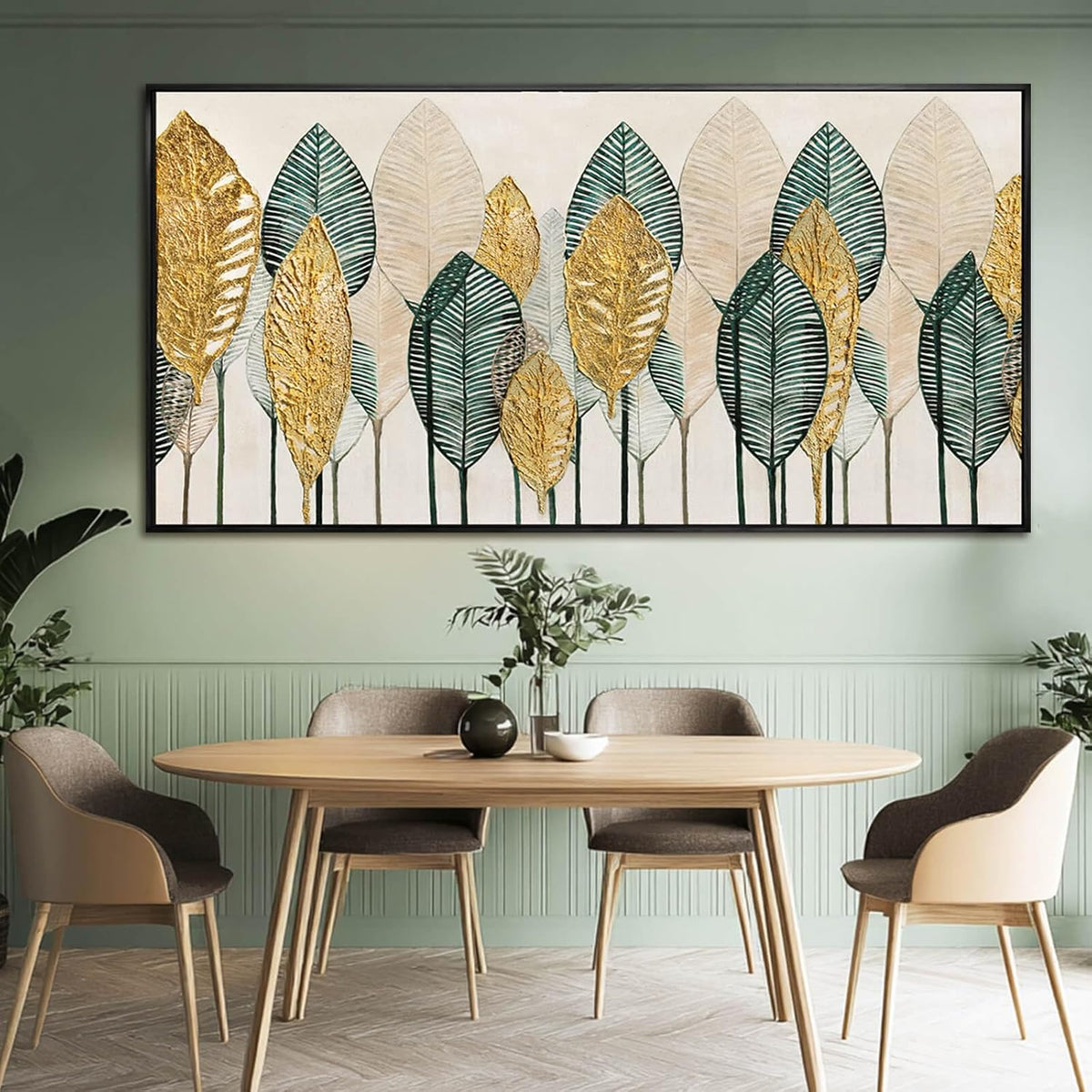 Contemporary Framed Wall Art Green and Gold Wall Decor Leaves Wall Prints Line Wall Posters 29"x58" Living Room Decorations Kitchen Art