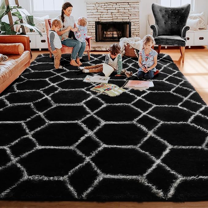 8x10 Area Rugs for Living Room, Fluffy Black and White Bedroom Modern Rug | - Image 8