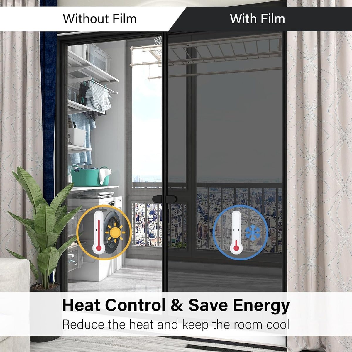 Kromapolis One Way Window Privacy Film Reflective Mirror Home Window Tint, Daytime Privacy Heat Control Anti UV Glass Tinting Static Cling (Black-Silver, 29.5 x 157.4 inch)