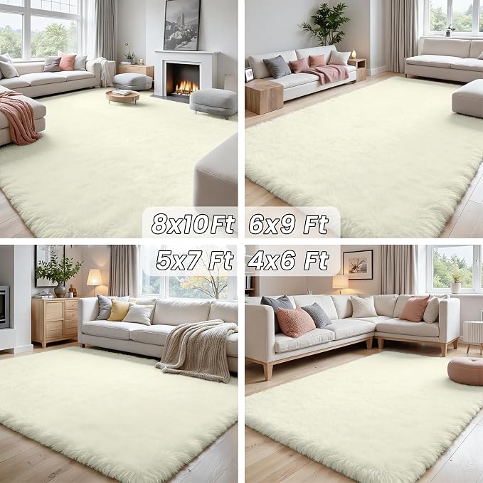 8x10 Fluffy Shag Area Rugs for Living Room Bedroom: Soft Carpet Cream White | - Image 7