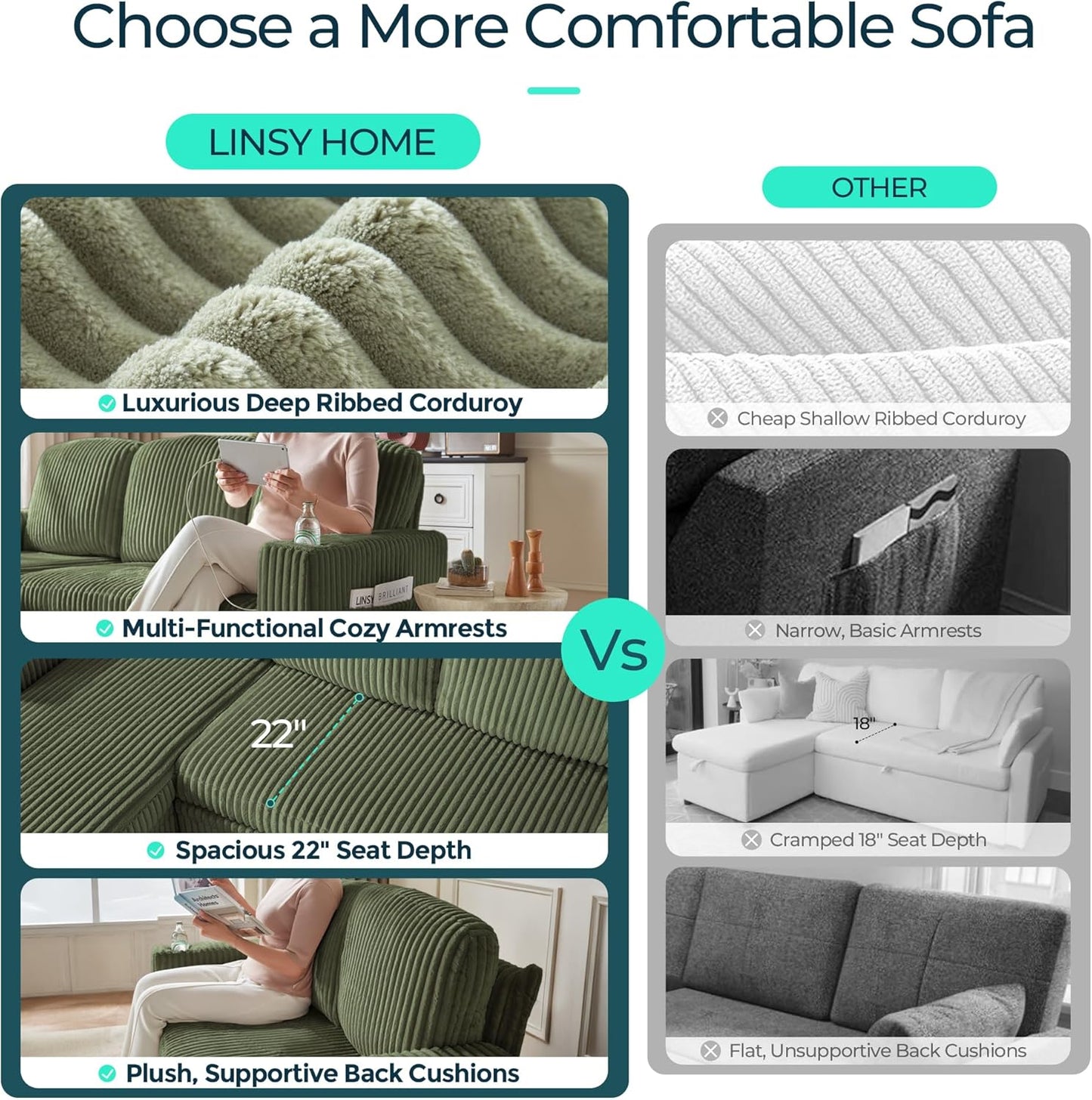 LINSY HOME Sectional Sleeper Sofa with Pull Out Couch Bed - Convertible Plush Corduroy Cloud Couch with Storage Chaise & USB Charging, Comfy L Shaped Modular Couches for Living Room Apartment, Green