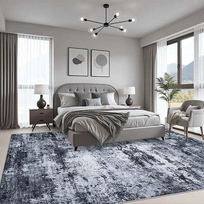 6x9 Area Rug Living Room: Modern Washable Indoor Carpet Black | - Image 3