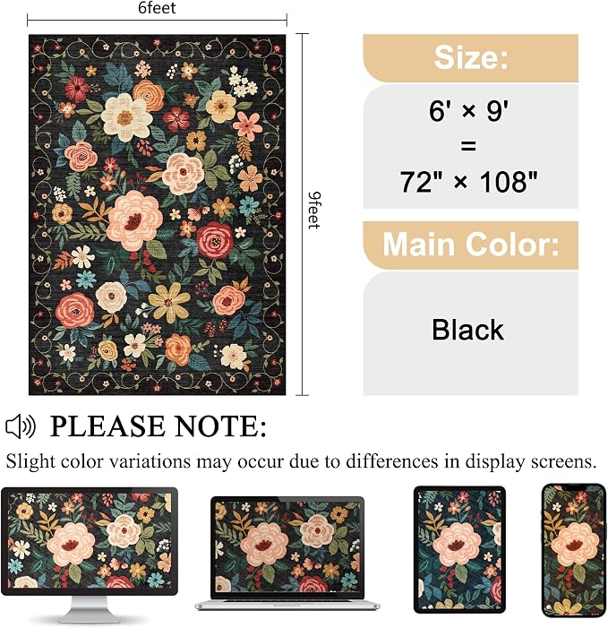 DUKINO 6x9 Area Rugs, Floral Washable Rug - Image 2