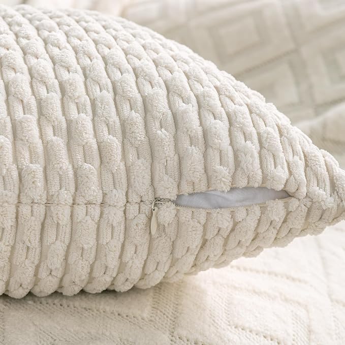 Set of 4 Navy White Taupe Decorative Throw Pillow Covers 16x16 Inch Corduroy - Image 4