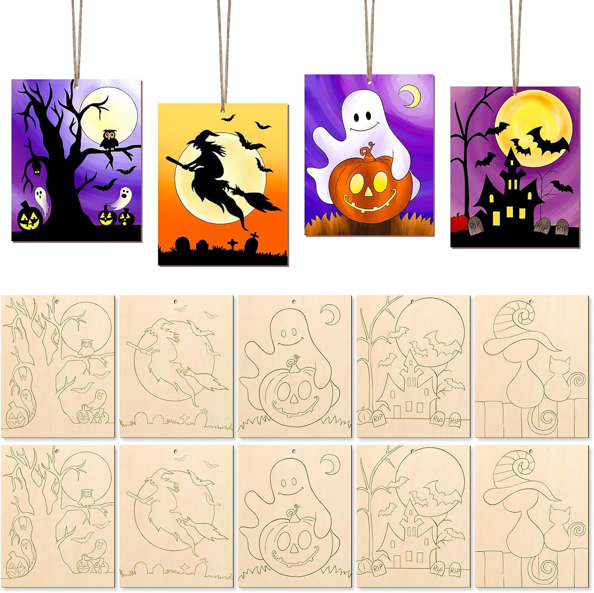 COCHIE 10PCS Large Halloween Unfinished Wood Crafts to Paint for Adults Kids, Bulk Predrilled Wooden Ornaments for Painting, Ghost Witch Bats Paintable Wood Slices Craft Supplies with Ropes