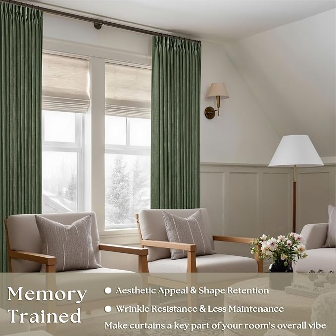 80 Inches Long Olive Green Pinch Pleat Thick Linen Curtains - Image 2