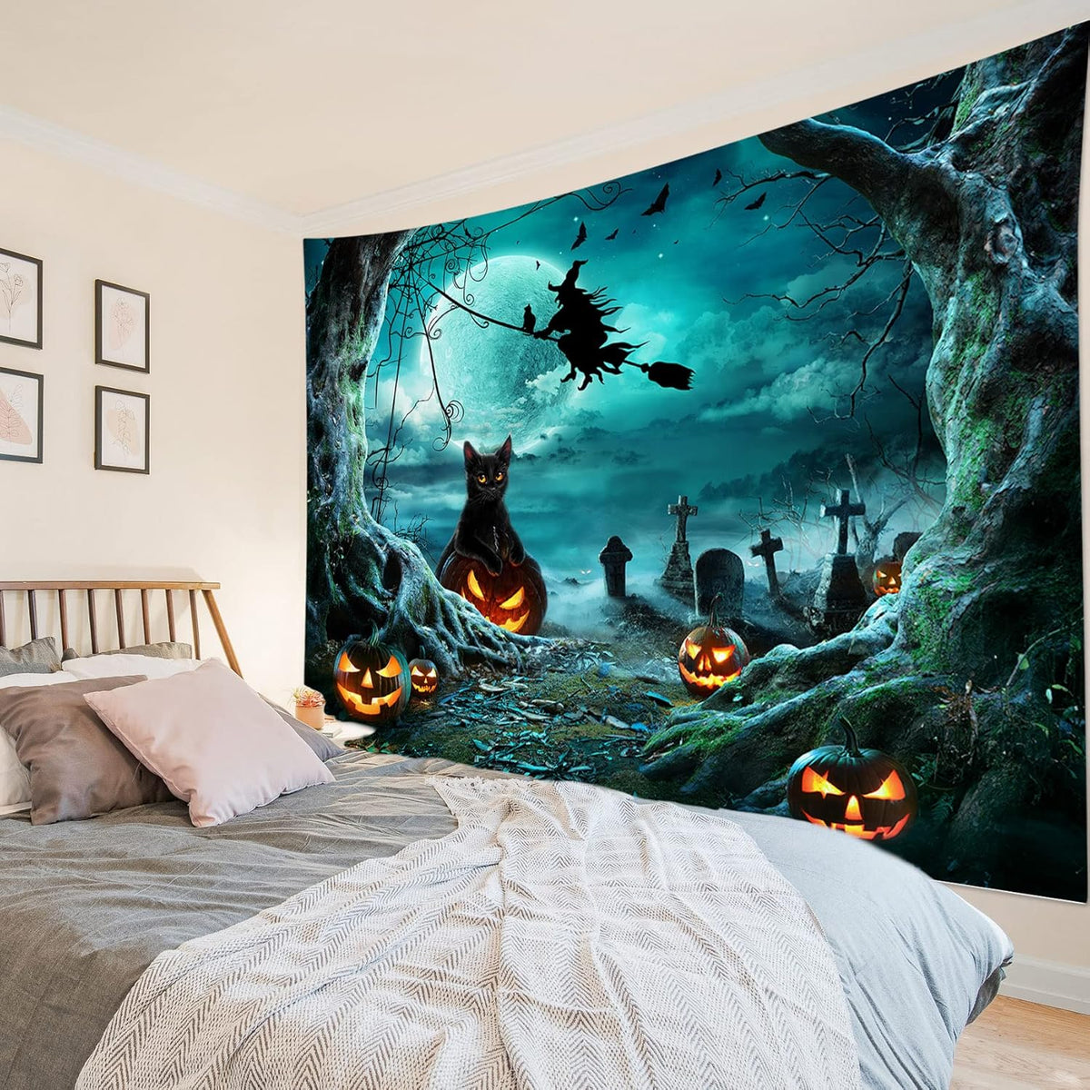 LB Teal Halloween Witch Tapestry Horror Black Cat Dead Tree in Graveyard Full Moon Night Tapestry Wall Art Spooky Pumpkin Wall Decor for Bedroom Living Room Dorm Holiday Party Decor 60x40 Inch