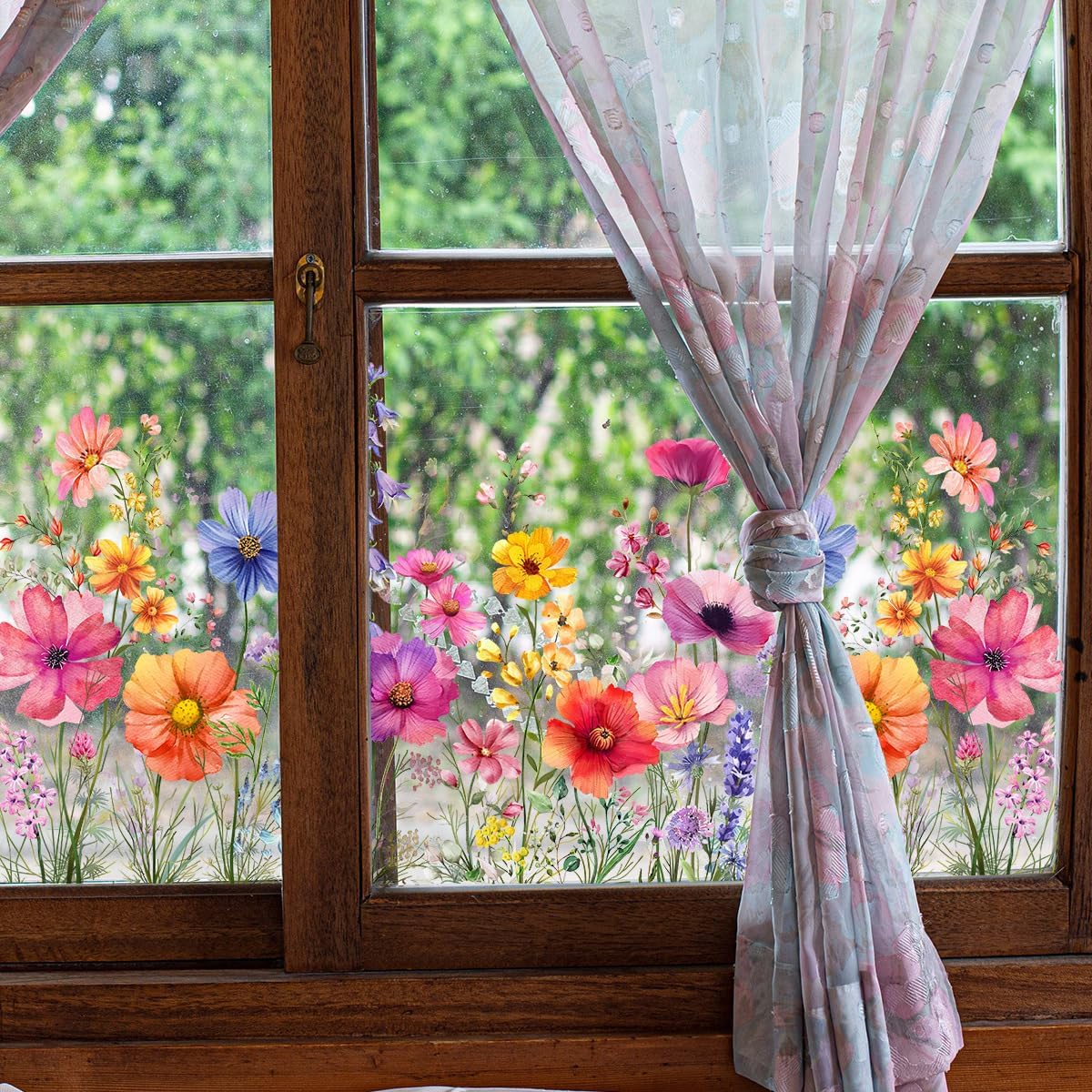 Colorful Flower Garden Window Clings, Wildflower Grass Lily Peony Poppy Floral Window Decals