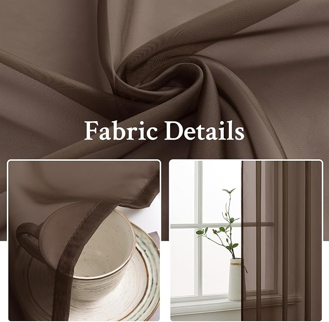 MIULEE Short Chocolate Brown Sheer Curtains 54 X 45 Inches, 2 Panels Set | - Image 3