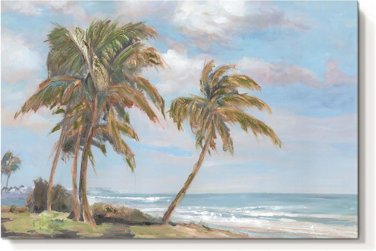 cozy country Palm Tree Wall Art 36"x24" - Coastal Pictures Beach Canvas Ocean Decor - Nautical Artwork Seascape Hand Painting for Bedroom, Sea House