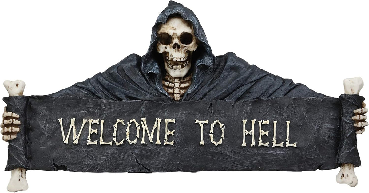 Ebros Large Grim Reaper Skeleton Opening Scroll Sign Of Bones Saying "Welcome To Hell" Wall Decor 17.5"Long Halloween Night Reaper Harvester of Souls 3D Hanging Art Plaque Sculpture