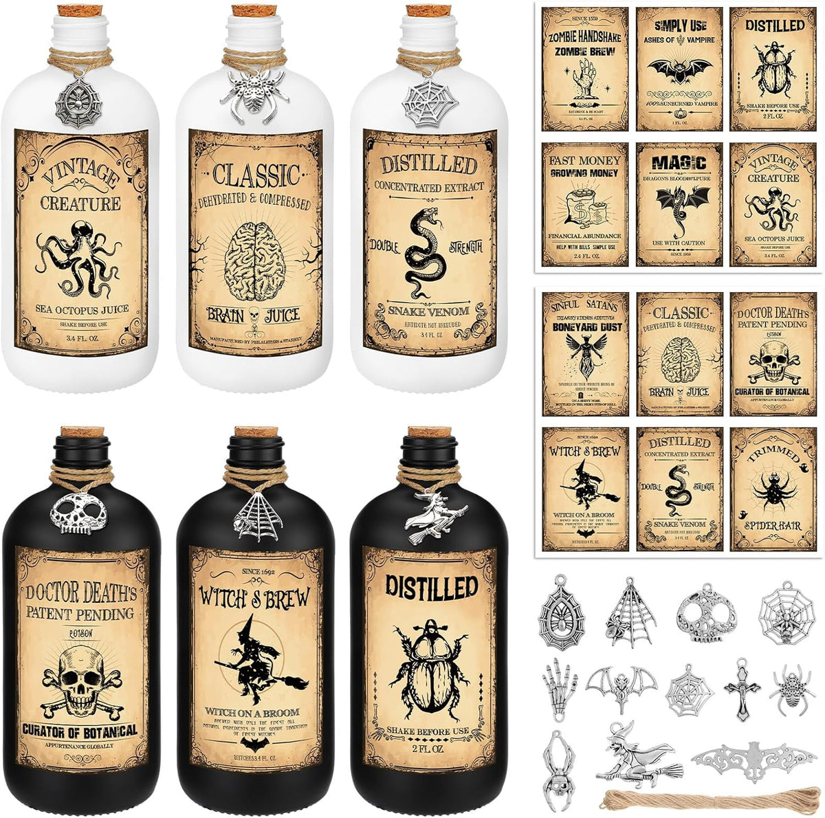 Uiifan 31 Pcs Halloween Potion Bottles Set Including Glass Apothecary Bottles with Cork Stickers and Pendants Halloween Decorations Indoor Party Supplies(White, Black,16 oz)