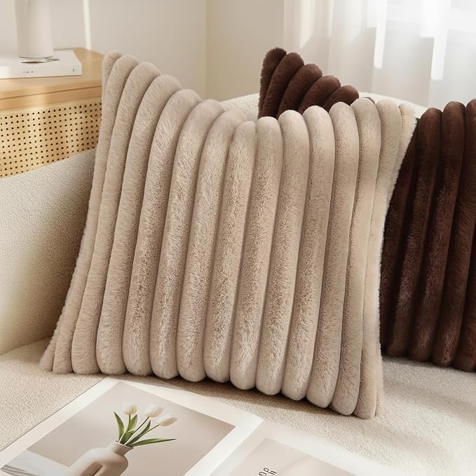 decorUhome Fall Faux Fur Throw Pillow Covers 24x24 Set of 2 Dark Brown | - Image 6