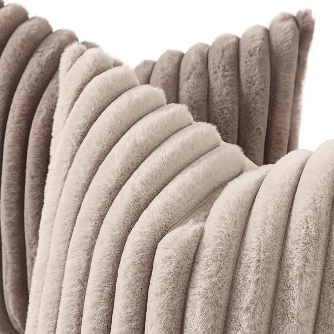 decorUhome Fall Faux Fur Throw Pillow Covers 22x22 Set of 2 Tan | Decorative - Image 2