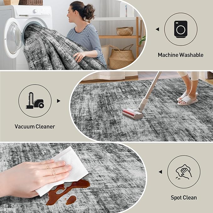 5x7 Area Rugs for Living Room: Washable Abstract Black Badroom Carpet | - Image 4
