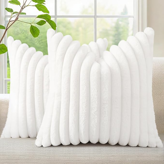 decorUhome Fall Faux Fur Throw Pillow Covers 24x24 Set of 2 White | Decorative by decorUhome