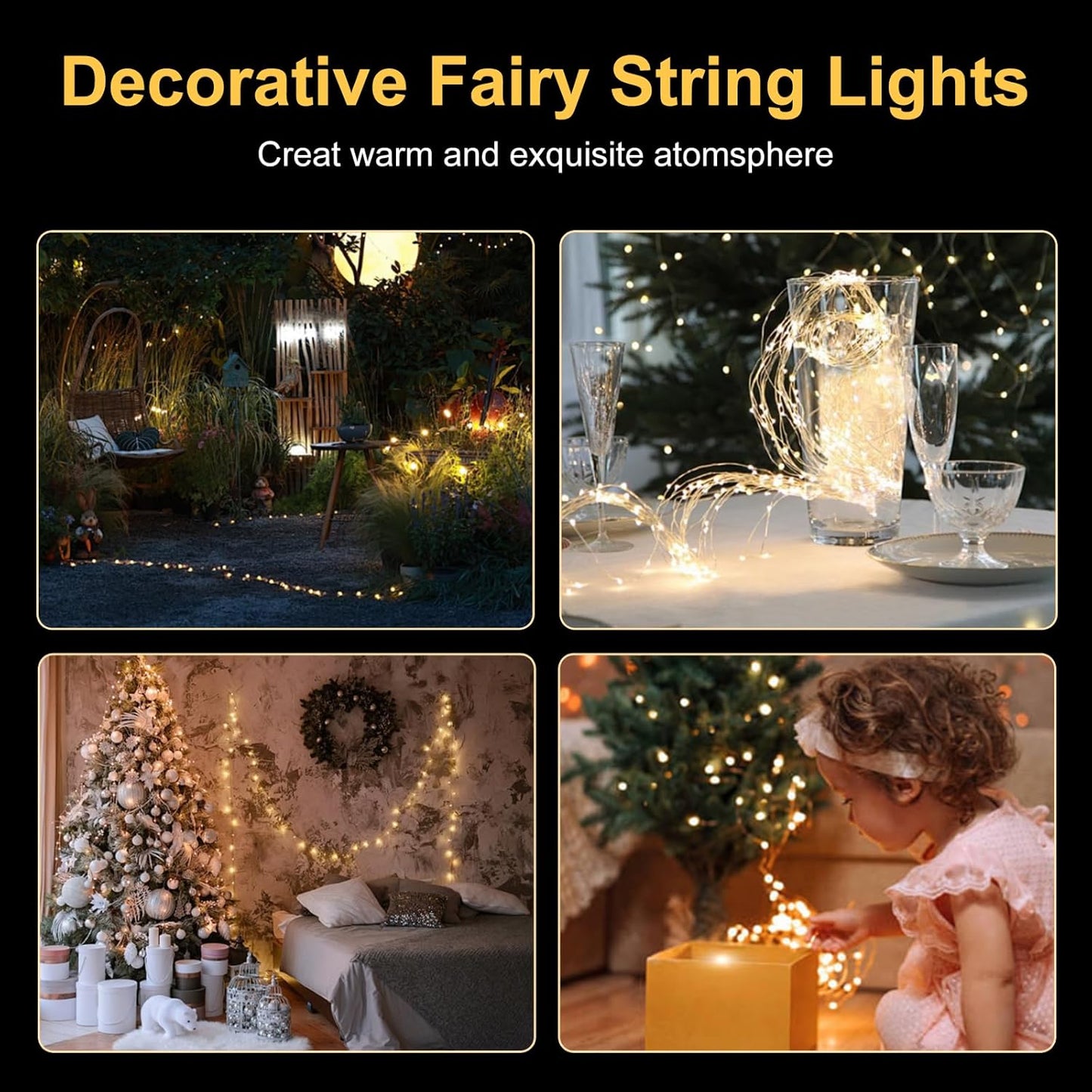 Fairy Lights Battery Operated String Lights 16.4ft 50LED Flashing and Constant Light Waterproof Silver Wire for Christmas DIY Party Bedroom Wedding (Warm White, 2 Pack)