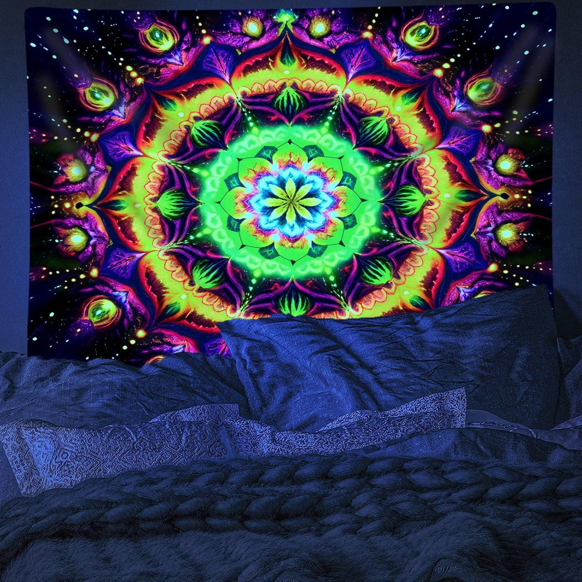 Blacklight Mandala Tapestry for Bedroom, Psychedelic Flower Black Light Posters for Adults and Teens, UV Reactive Aesthetic Bohemian Art Wall Hanging Decor Golden and Green (40 x 30 Inches)