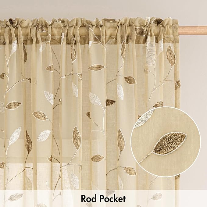 MIULEE Beige Sheer Curtains 2 Panels Embroidered Leaf Patterned, W52 x L84 | - Image 6