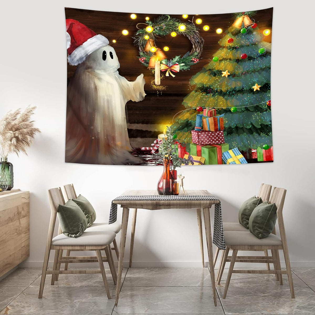 QGHOT Christmas Tapestry Wall Hanging Christmas Tree Backdrop Cute Ghost Wall Decor Xmas Holiday Tapestries for Kids Bedroom Living Room Dorm Party Decoration