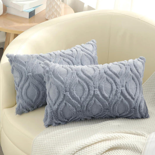decorUhome Fall Throw Pillow Covers 12x20 Inch Set of 2, Soft Plush Decorative Faux Fur Blue Grey Solid Couch Pillow Covers, Accent Farmhouse Neutral Lumbar Euro Pillow Cases for Sofa Bed Living Room