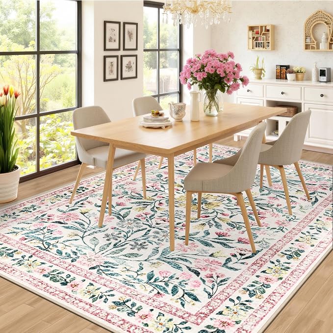PLHXFR Area Rug Living Room: 5x7 Floral Washable Boho Carpet Pink Green | - Image 4