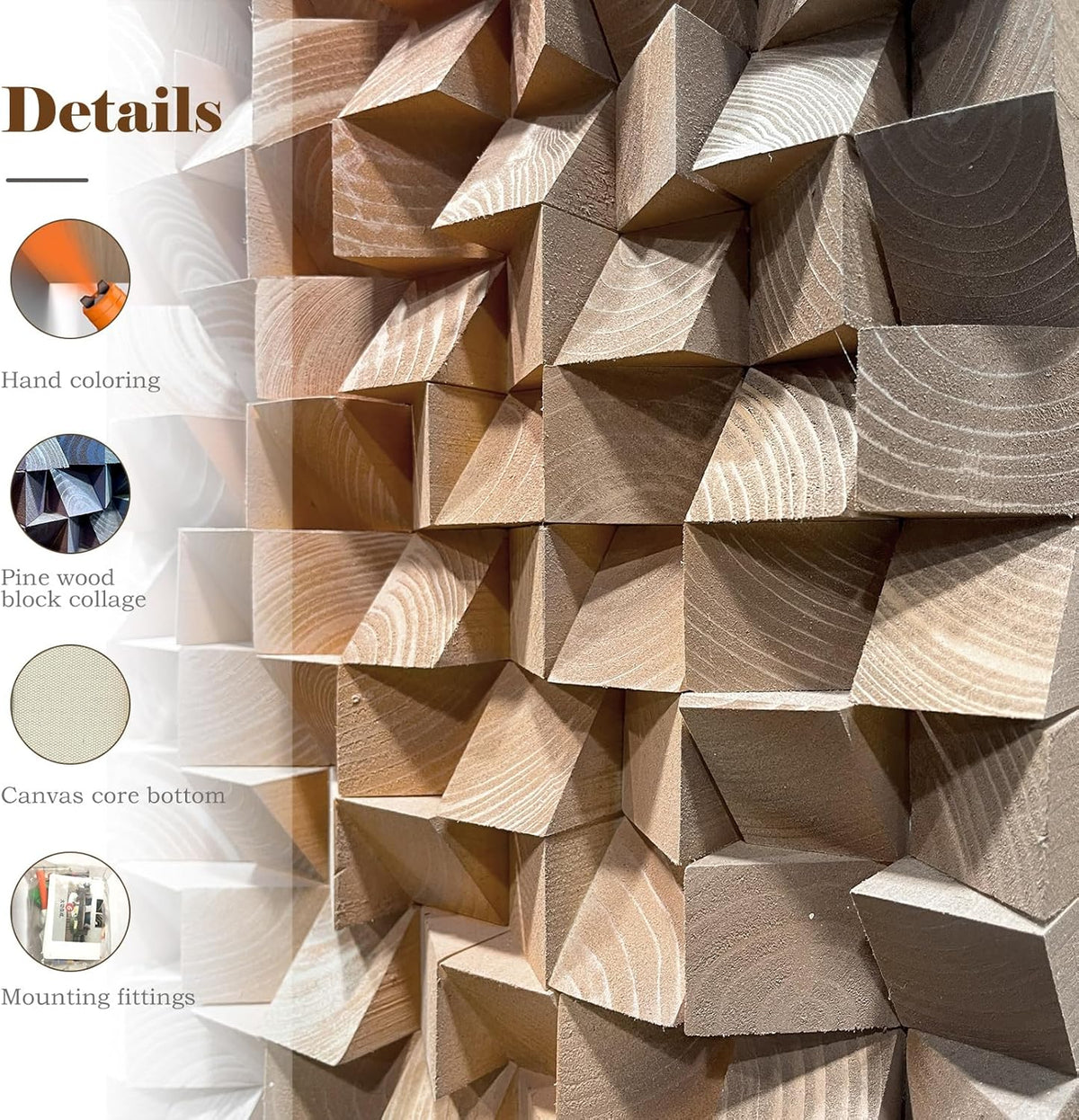 LIUZEYUE - 3D Wood Wall Art Decor Hand Crafted Wooden Blocks | Geometric Sculpture Art Modern Home Office Wall Art Easy Installation 23.6"x47.2"