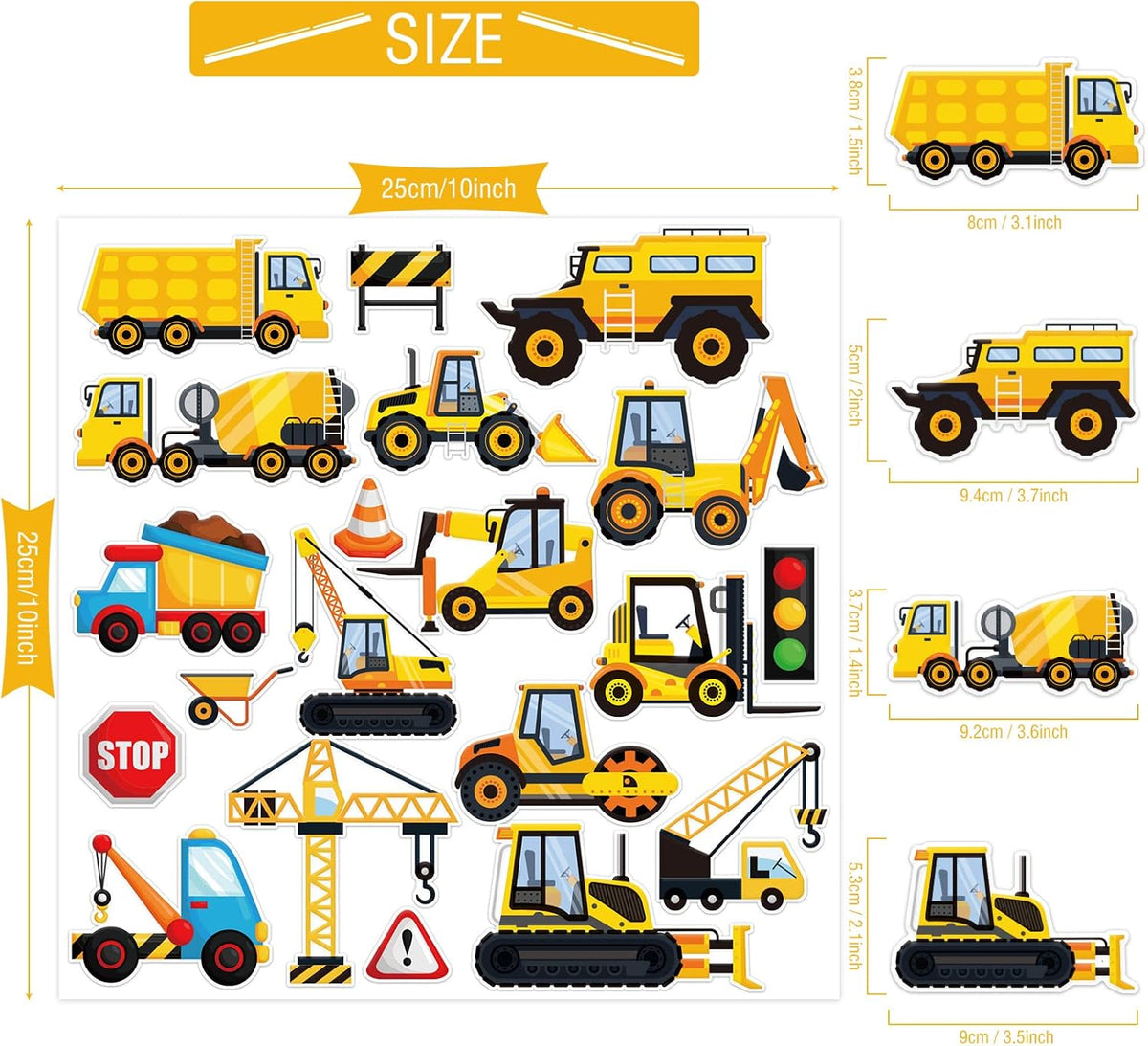 Tevxj Construction Vinyl Gel Clings, 20 Pcs Yellow & Black Transportation Stickers for Kids, Reusable Wall & Window Decor, Airplane, Truck Decals, Party Supplies