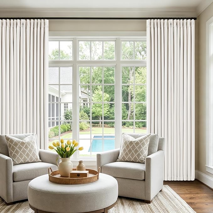Ivory White Pleated Blackout Curtains 120 Inches Long 2 Panels | Memory Shape - Image 7