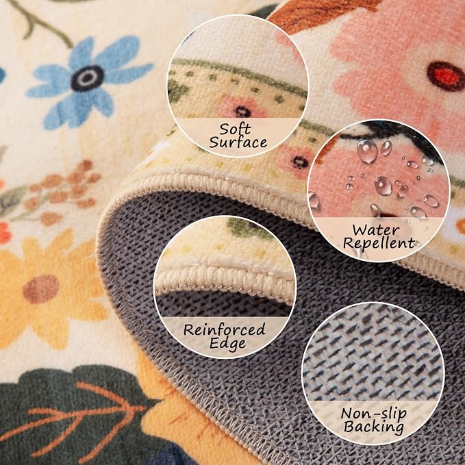 RELEANY Floral Washable Round 4ft Area Rug Ivory/Yellow | Flower Carpet Print - Image 4