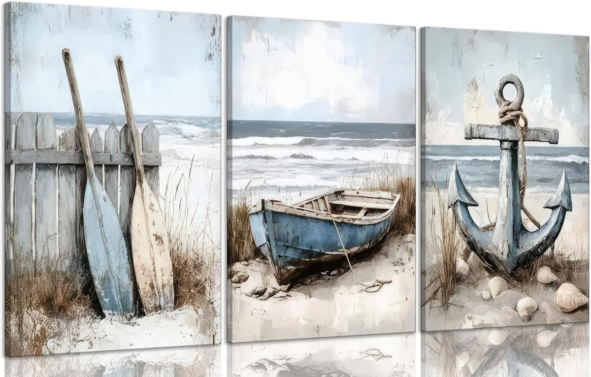 3Pcs Coastal Beach Canvas Wall Art Sailboat Paddle And Anchor Paintings Pictures Wall Decor Nautical Posters Prints Artwork Suitable for Living Room Bedroom Home Office Corridor Home Decroation