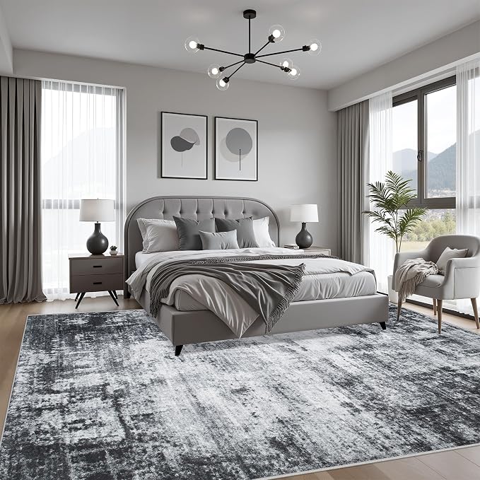 5x8 Area Rug Living Room: Modern Washable Soft Carpet Dark Black | - Image 2