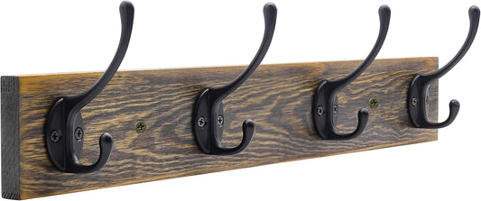 IBosins Wall Mounted Coat Rack, Entryway Hanging , Metal Wood Rack with 4 Black Literary Rustic Hooks Rail for Scarf, Bag, Towel, Key, Cap, Cup, Hat (Brown)