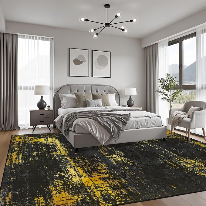 6x9 Area Rug Living Room: Modern Washable Soft Carpet Black Gold | - Image 4