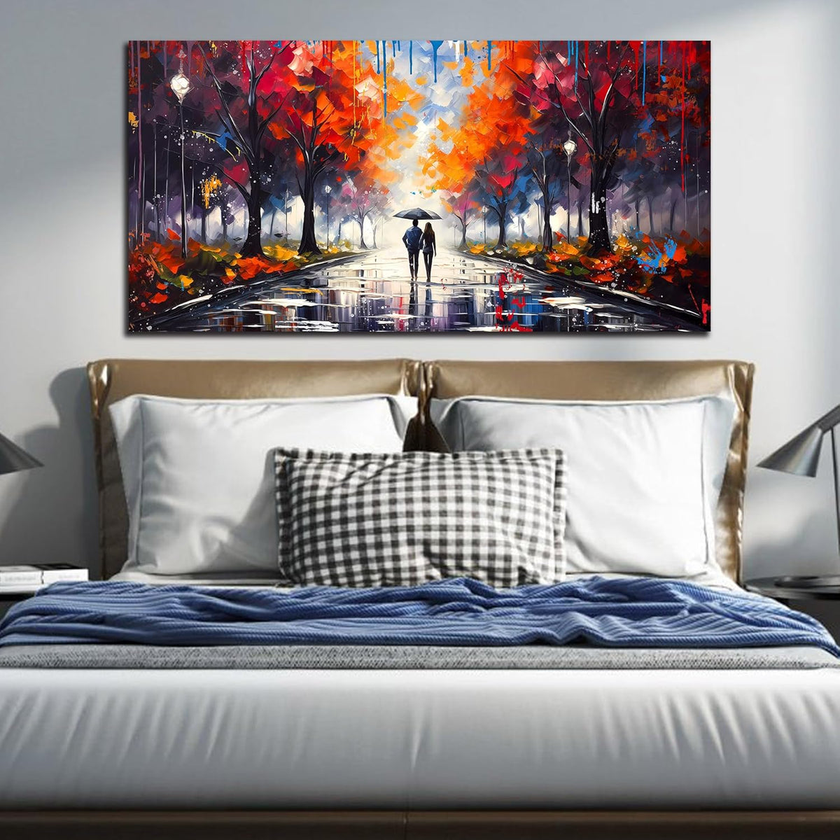 Large Canvas Wall Art for Living Room Bedroom Couple Walking in the Rain Picture Graffiti Red Tree Canvas Prints Framed Home Decor Size 24x48
