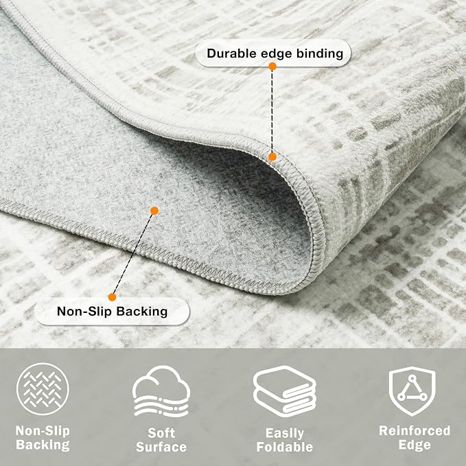9x12 Washable Area Rug for Living Room Bedroom: Non-Slip Modern White Gray | - Image 5