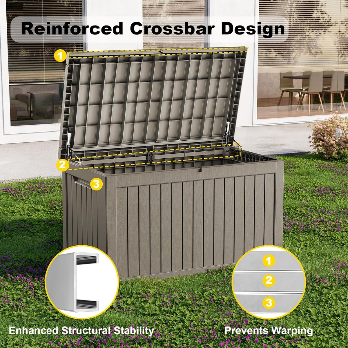 230 Gallon Outdoor Deck Box,Storage Lockable Waterproof Patio Furniture,Garden Tools,Cushions,Pool Accessories Outside Storage Resin Box(Grey)