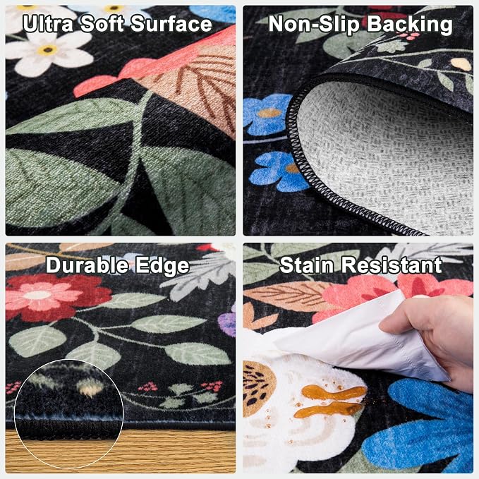 PLHXFR 6x9 Area Rug Living Room: Floral Washable Boho Soft Carpet Black | - Image 7