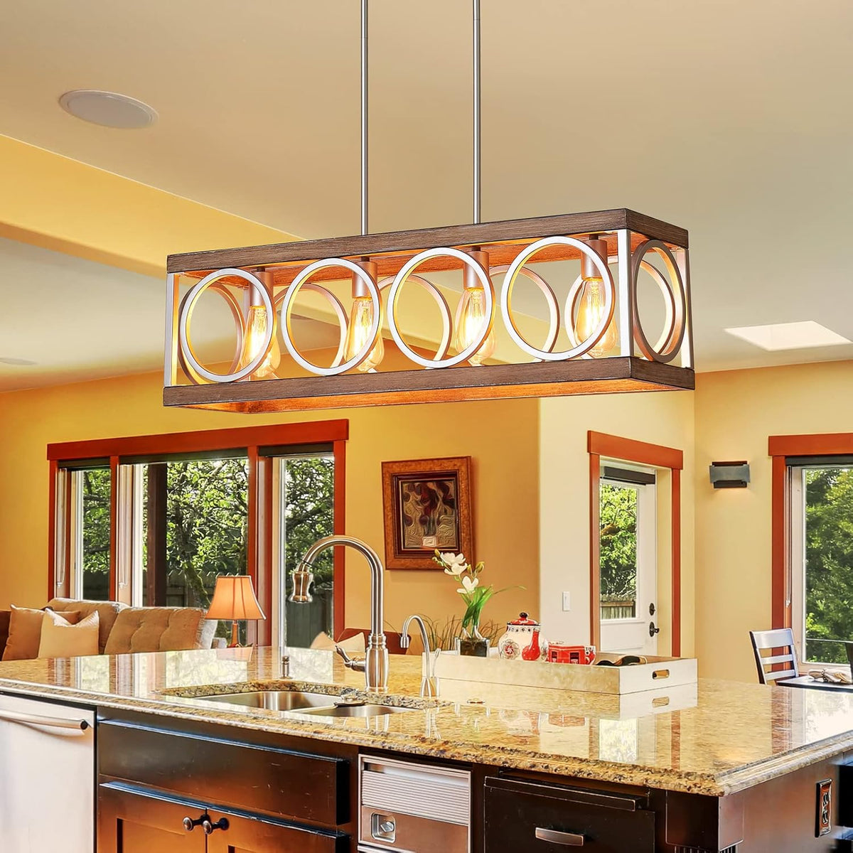 XINGQI Farmhouse Dining Room Chandeliers, Rectangle Vintage Hanging Lighting Fixtures, 4-Light Kitchen Island Lighting, Rustic Metal Chandelier Pendant Light, Antique Wood Grain XY082