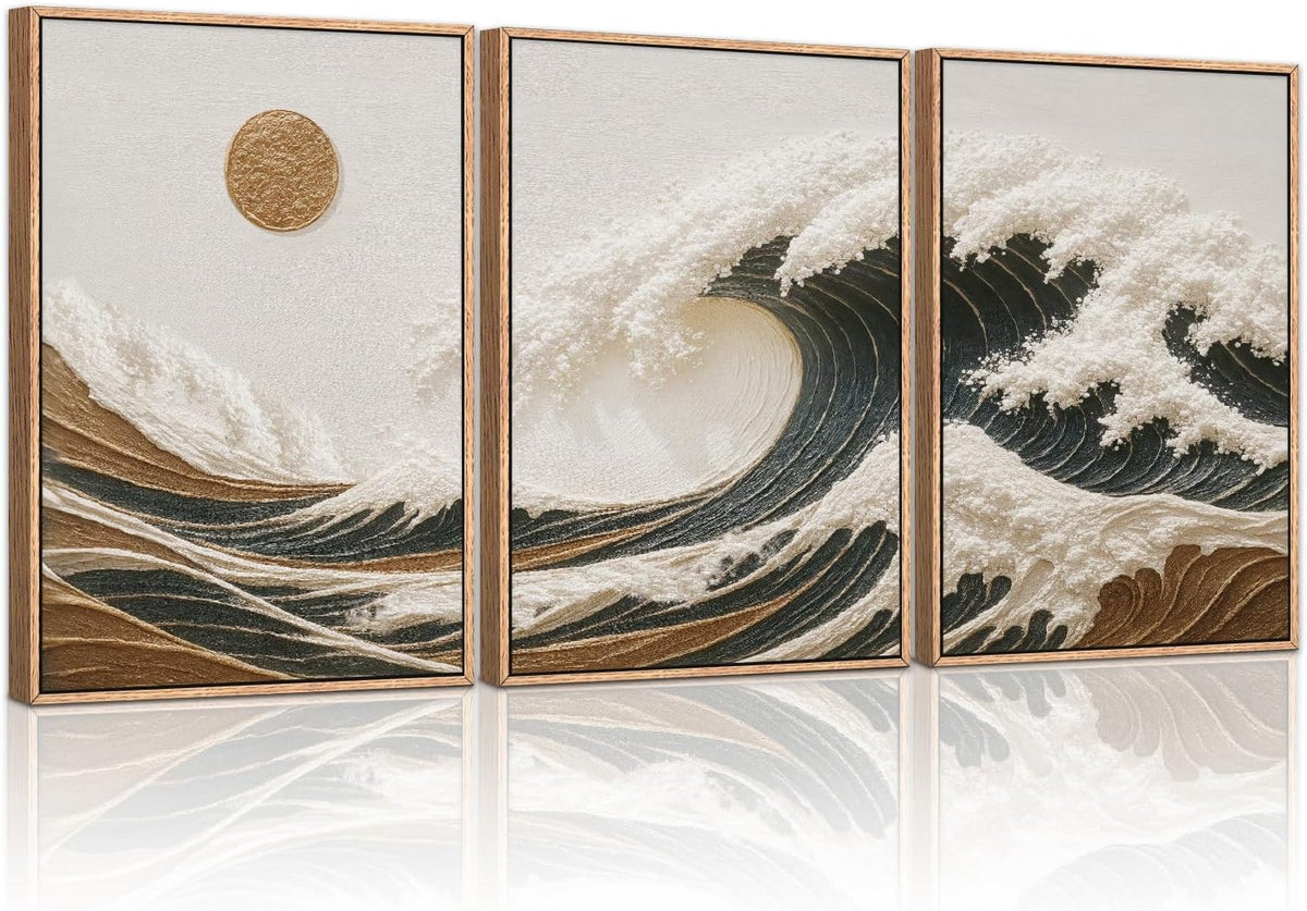 HLNIUC Sea Wave Framed Canvas Wall Art,Abstract Sun Seascape Wall Decor Set of 3(16”x24”) Large Modern Ocean Beach Art Print,Great Wave Sunset Pictures Canvas Famed Painting for Living Room,Bedroom