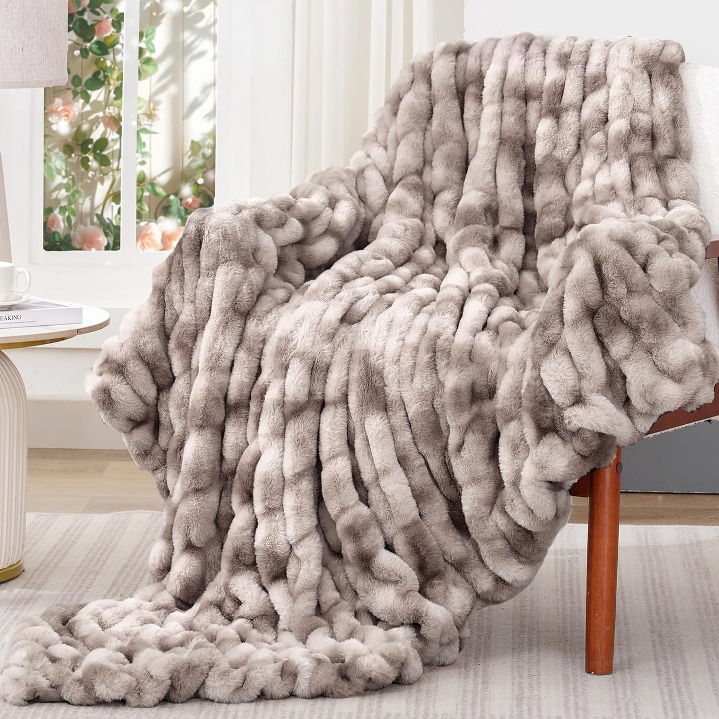 Touchat Ruched Faux Rabbit Fur Blanket, 700 GSM Luxury Dual-Sided Soft Cozy Blanket, Fuzzy Fluffy Plush Throw for Bed, Couch and Sofa - 60"x80", Tie-dye Coffee