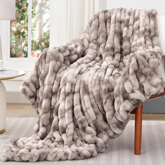 Touchat Ruched Faux Rabbit Fur Blanket, 700 GSM Luxury Dual-Sided Soft Cozy Blanket, Fuzzy Fluffy Plush Throw for Bed, Couch and Sofa - 60"x80", Tie-dye Coffee