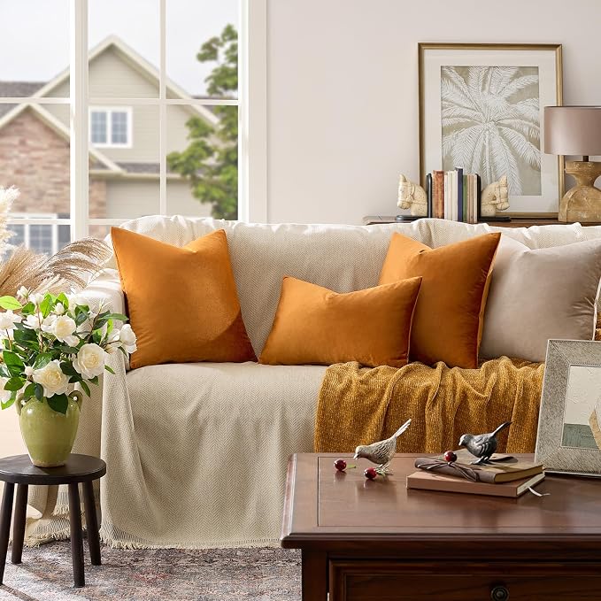 GIGIZAZA Orange Velvet Pillow Covers 26x26 Decorative Pillows Pack of 2 | Throw - Image 2