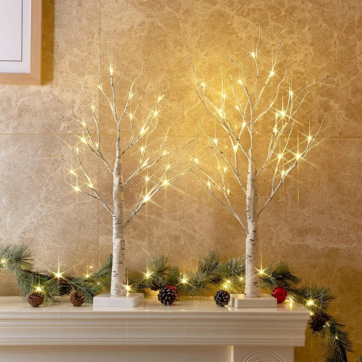 PEIDUO Christmas Decorations Indoor, 2 FT Birch Tree with LED Lights, Fairy Light Spirit Tree for Christmas Decor, Warm White Lighted Birch Trees for Home Decor Indoor, Battery Powered, Timer (2PK)