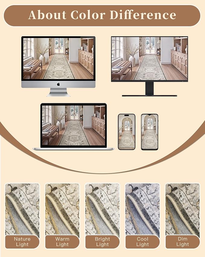 Madane Hallway Runner Rug 3x16 Washable Kitchen Runners Long, Ivory/Brown | - Image 9