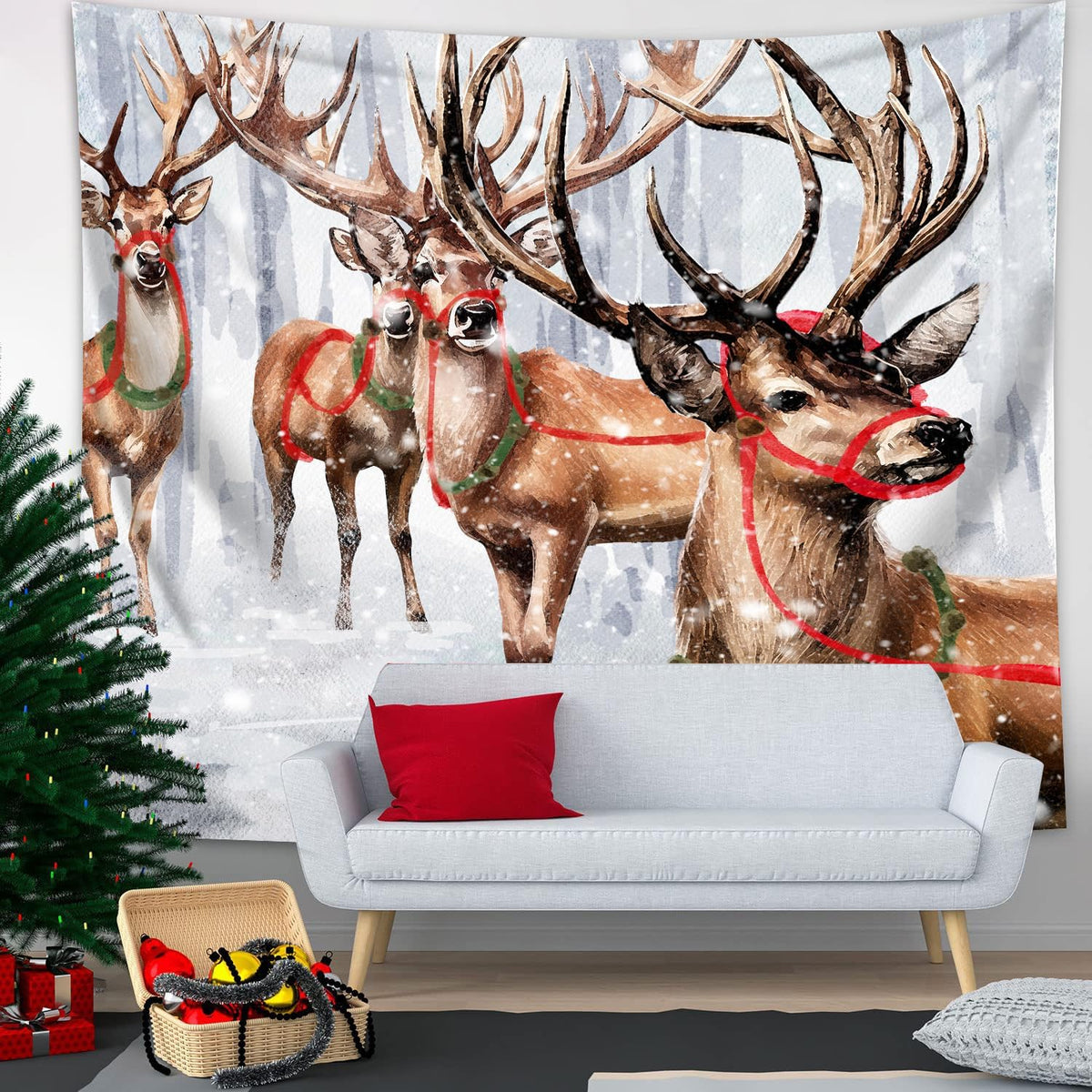 QGHOT Winter Tapestry Wall Hanging Winter Forest Backdrop Christmas Snowy Deer Wall Decor Snow Elk Tapestries for Bedroom Living Room Dorm Party Decoration, Extra Large