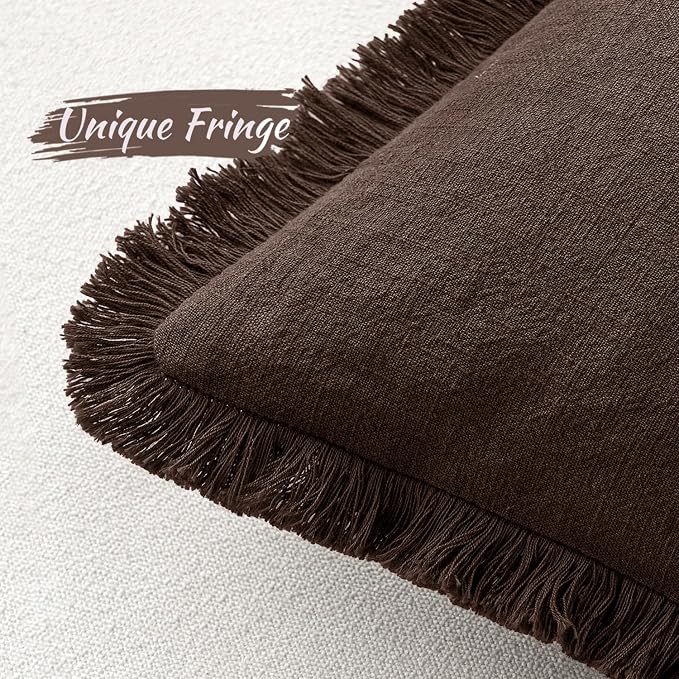 MIULEE Linen Fringe Decorative Fall Euro Pillow Covers Dark Brown 24x24 | Set - Image 4