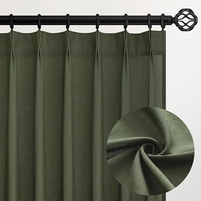 Topfinel Olive Green Pinch Pleated Linen Curtains 100 Inch Length 2 Panels by Topfinel