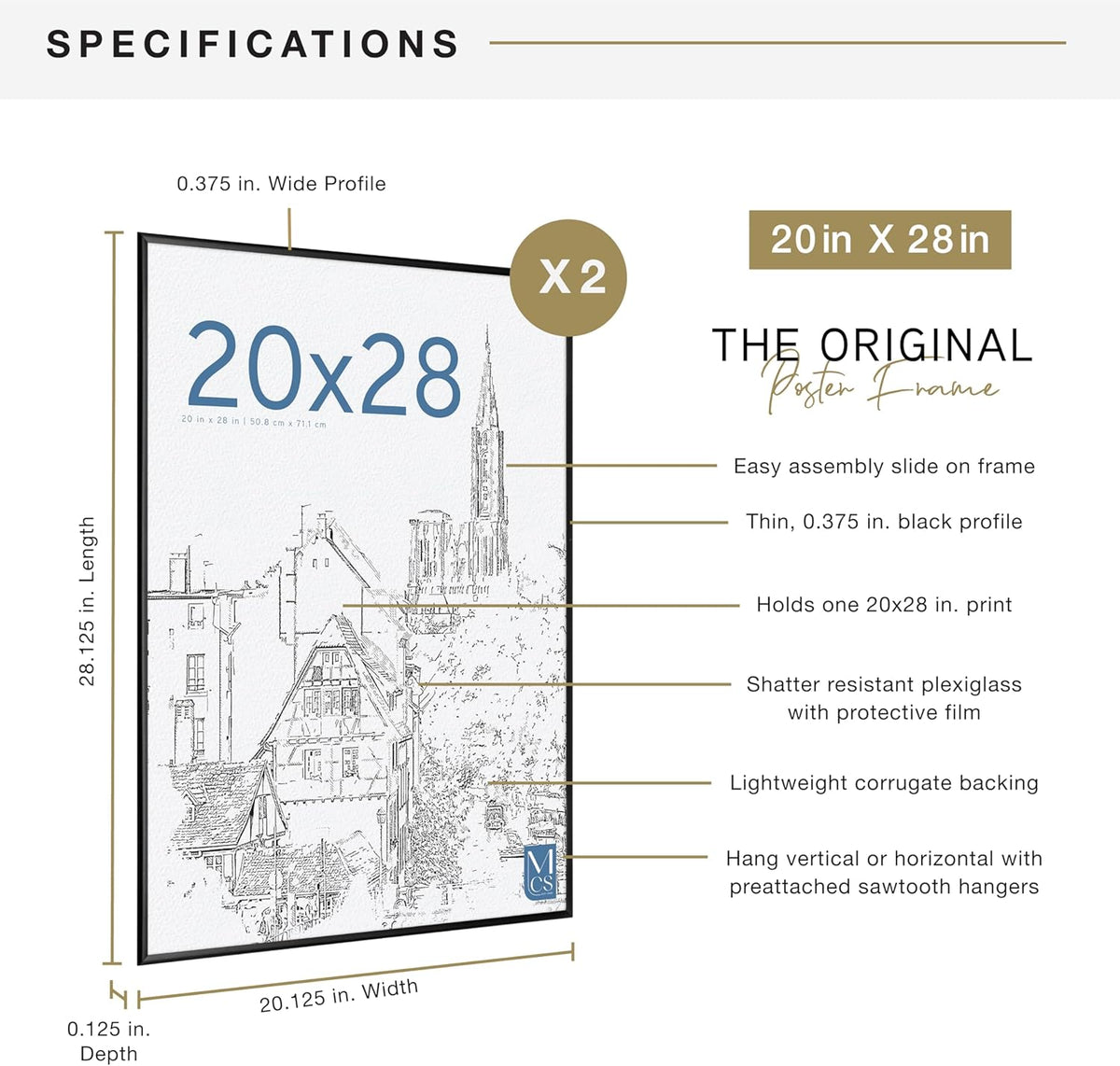 MCS Original Poster Frame 20x28 Black Lightweight Vertical & Horizontal Wall Hanging Large Picture Frame for Posters, Art Prints & Gallery Wall (2-Pack)